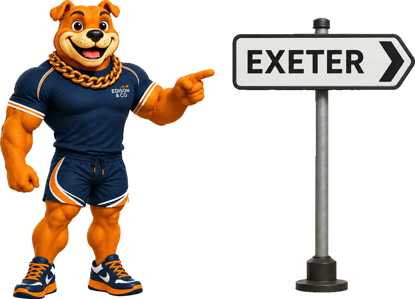 Rocky the Edison & Co mascot pointing at a road sign reading Exeter