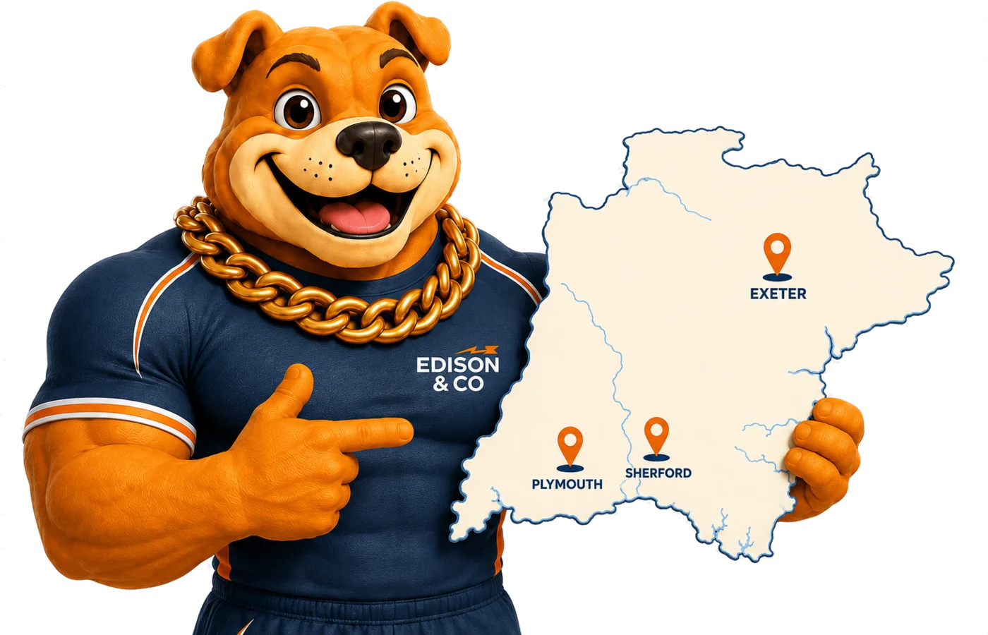 Rocky the Edison & Co mascot pointing at a map of Devon marking Plymouth, Sherford and Exeter